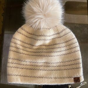 C.C Cream and Gray Striped Beanie with Pom Pom